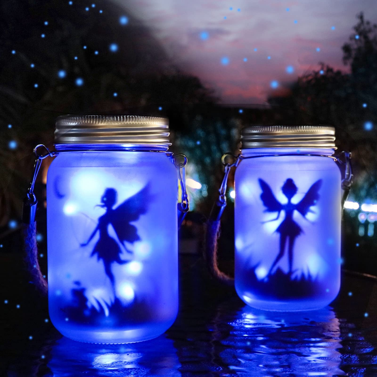 Schmetterlingsfee im Einmachglas, Mostof 2 Stück Hängend Solar Laterne Lichter für Außen, IP44 Wasserdicht Gartenleuchte für Drauße (Blau)