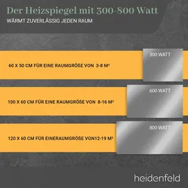 Heidenfeld Infrarot-Spiegelheizung HF-HS100, rechteckig, inkl. Thermostat, 10 Jahre Garantie, IP44 (600 Watt)