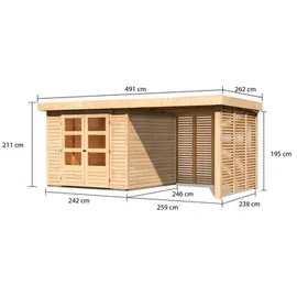 Karibu Gartenhaus Askola 3,5 mit 240 cm Schleppdach, Seiten- und Rückwand in Lamellenoptik – 19 mm-242 x 246 cm-naturbelassen
