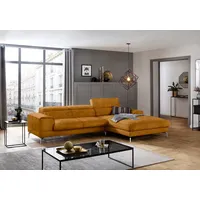 Ecksofa W.SCHILLIG "piedroo, Designsofa mit tollem Sitzkomfort, bequem und elegant, L-Form", gelb (brandy s37), B:303cm H:70cm T:193cm, Stoff S37 (100% Polyester): Luxus-Microfaser in Lederoptik, Sofas, Kopfteilverstellung, wahlweise mit Sitztiefenverstellung, Breite 303cm