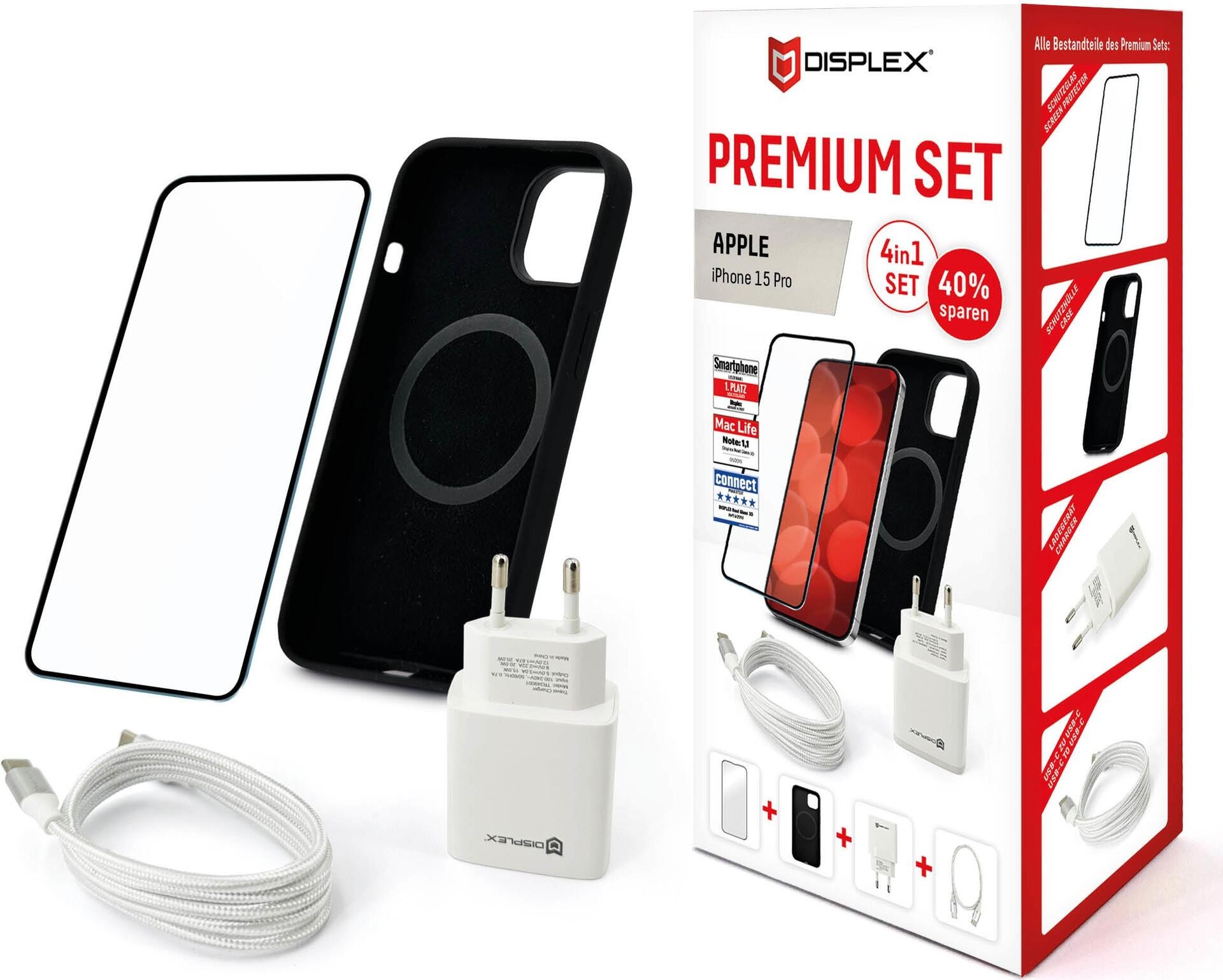 Displex Premium 4 in 1 Set für Apple iPhone 15 Pro - Transparent - Schwarz - Weiß - 244 g - 70 mm - 95 mm - 200 mm - USB Typ-C auf USB Typ-C (01869)