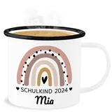 Emaille Becher Blechbecher - Einschulung Schulanfang Tasse - Regenbogen Schulkind 2024-300 ml - Weiß Schwarz - 2023 schulanfänger tassen namenstasse einschulung-schulkind name blech