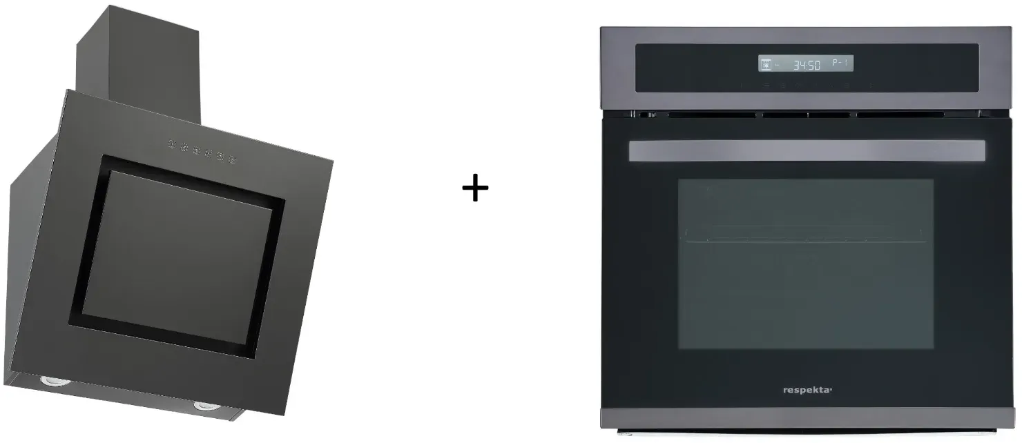 Herdset Einbau Backofen u. Schräghaube Dunstabzugshaube 60 cm Blacksteel Respekt...