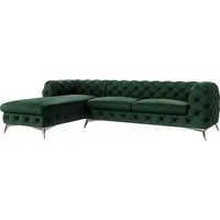 S-STYLE MÖBEL - Chesterfield Ecksofa Cleo mit Ottomane links und Silber Metall Füßen, aus Flasche Grün Samtstoff, B/T/H: 305 cm/ 200 cm/ 75 cm - Grün
