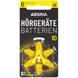 Absina Hörgerätebatterien 10 6 Stück mit gut greifbarer Schutzfolie - Hörgeräte Batterien 10 Zink Luft mit 1,45V - Typ 10 Batterien Hörgeräte Gelb - PR70 ZL4 P10 Hörgerätebatterien
