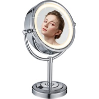 DOWRY Tischspiegel mit Beleuchtung 5x/1x LED Kosmetikspiegel Stehend mit Stecker Vergrößerungsspiegel 5 Fach Schminkspiegel Chrom Rasierspiegel mit Vergrößerung,Ø21.5 cm