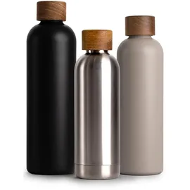 T&N Edelstahl Trinkflasche 500ml, Thermosflasche 0.5l mit Akazienholz Deckel, Isolierte Wasserflasche auslaufsicher bei Kohlensäure, Isolierflasche 500 ml - Silver