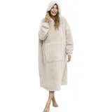 ililmmoe Sherpa tragbare Decke Übergroße Hoodie Sweatshirt TV Decke mit Langen Ärmeln und Tasche-Beige One Size - Einheitsgröße