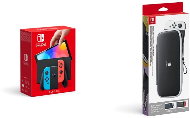 Nintendo Switch-Tasche & -Schutzfolie - Schwarz/Weiß + Konsole (OLED-Modell) Neon-Rot/Neon-Blau
