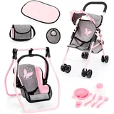 Puppenbuggy BAYER "Set mit Tasche", rosa (grau, rosa schmetterling), Puppenwagen, KinderB:43cm H:52cm T:26,5cm, B:43cm H:52cm T:26,5cm