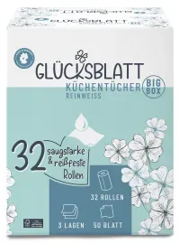 Fripa Glücksblatt Küchentücher, 3-lagig, weiß , Reißfeste Küchenrollen mit Halbkreisprägung, 1 Karton = 32 Rollen à 50 Blatt