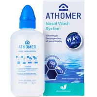 Athomer Nasendusche – 250 ml – mit 10 Päckchen Meerwassersalz (99,6%!!) – Reinigt und entstaut die Nasenhöhle – Feuchtigkeitsspendendes Nasenspray für Erwachsene und Kinder