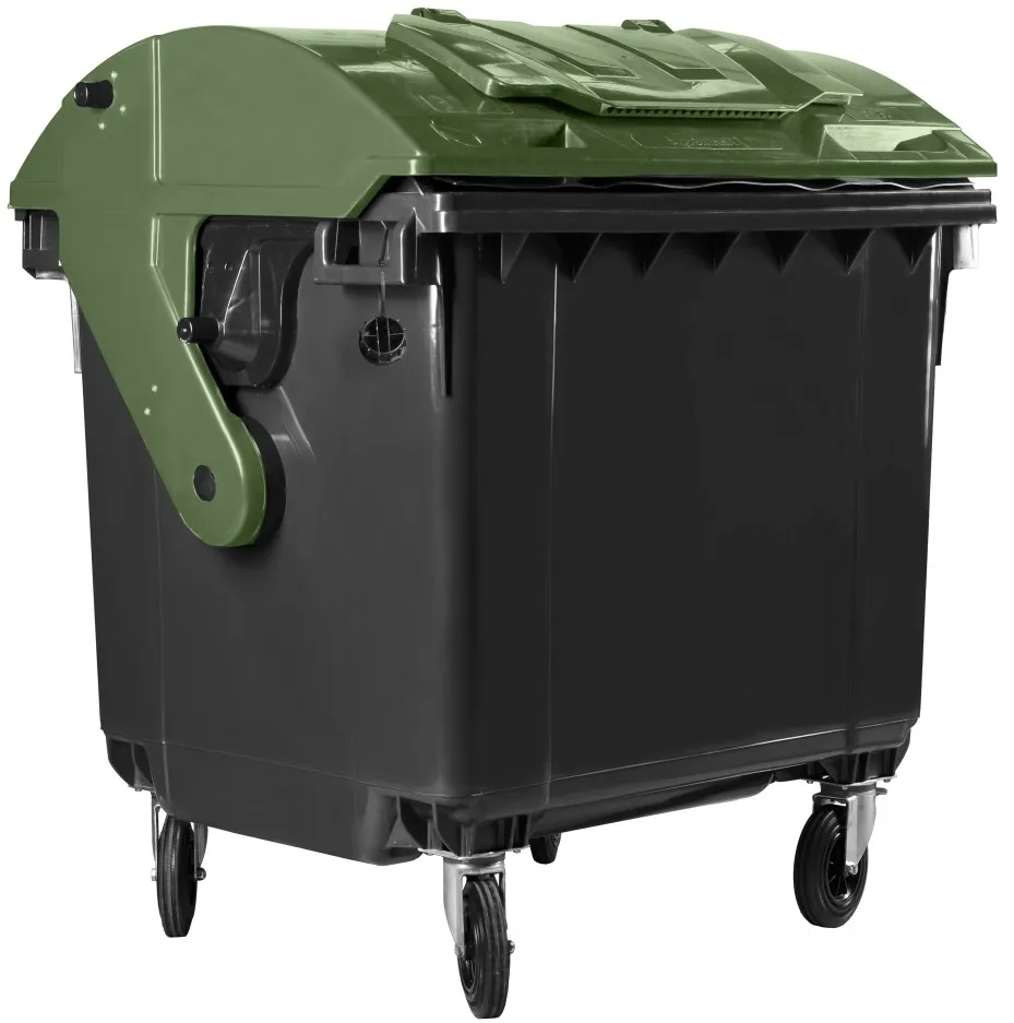 Hardwex Müllcontainer 1100 l Schwarz mit grünem Runddeckel, Deckel im Deckel