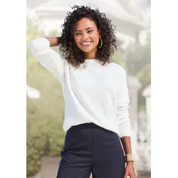 LASCANA Rundhalspullover Damen, Gr. 36/38, naturweiß/beige, Flausch-Strick, Rundhals, Langarm