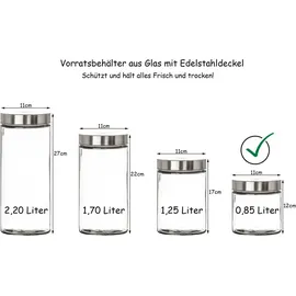 BigDean 2er Set Vorratsgläser 0,85 Liter Glas Schraubglas Lebensmittelglas Edelstahldeckel mit Schraubverschluss 12 x 11 cm