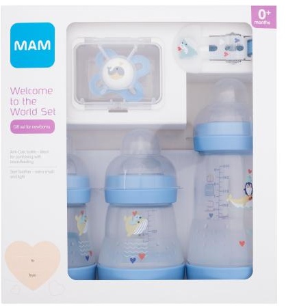 MAM Welcome To The World Set 0m+ Blue Geschenkset Anti-Colic 160 ml Babyflasche 2 St. + Anti-Colic 260 ml Babyflasche 1 St. + Start Schnuller 1 St. + Schnullerband 1 St.