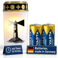Fachhandel Plus LED Grablicht mit Timer 6/18 Std Motivwahl Grabkerze LED mit Batterie inklusive 2x Varta Longlife C LR14 für Friedhof Gedenkplatz und Außenbereich (Weiß, Leuchtturm)