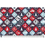 Qualitativ hochwertiger Jersey Stoff mit Baustellenschildern in Rot auf Blau als Meterware zum Nähen von Erwachsenen. und Kinderkleidung, 50 cm