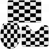 URSOPET Badteppich-Set 3-teilige, rutschfeste,Bodenmatte Schwarz-Weiß-Fußmatte Schachbrettmuster Flaggenschild,rutschfeste Badematte, U-förmiger Konturteppich und Toilettendeckel