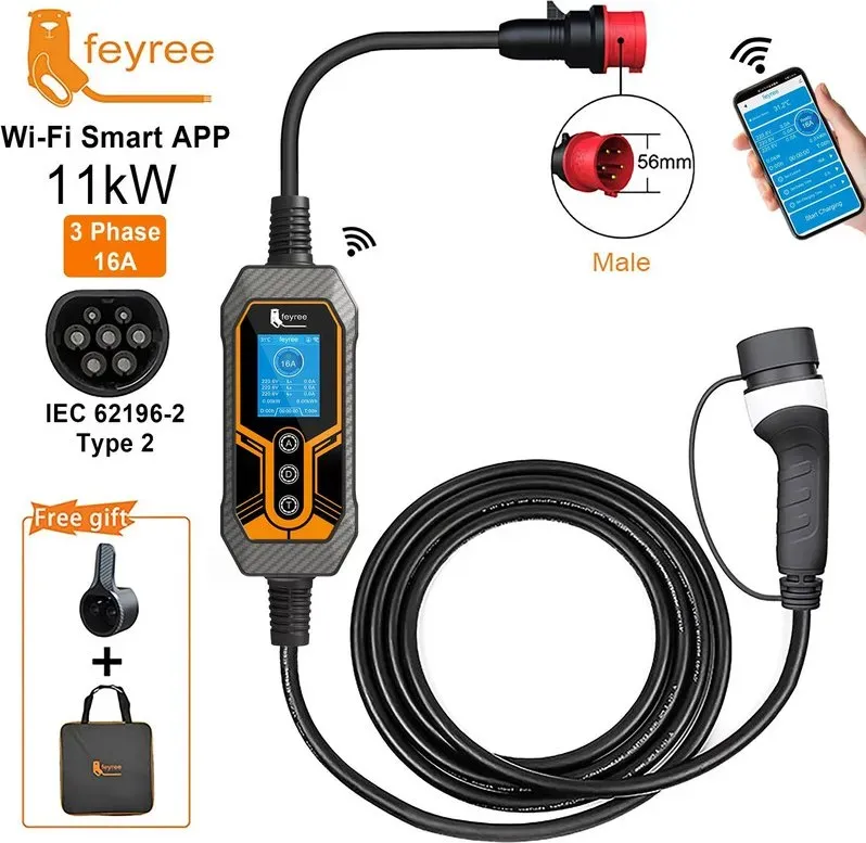feyree Typ 2 tragbare EV-Ladestation, 11 KW, 16 A, 3-Phasen, WLAN-App, Bluetooth-Version, EVSE-Ladekabel, 5 m, CEE-Stecker für Elektroauto