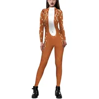 Surwin Damen 3D Komisch Tierische Textur Overall Halloween Kostüm Sexy Skinny Langarm Catsuit mit Reißverschluss, Cosplay Bodysuit Karneval Jumpsuits Einteiler (Elch,S) - S