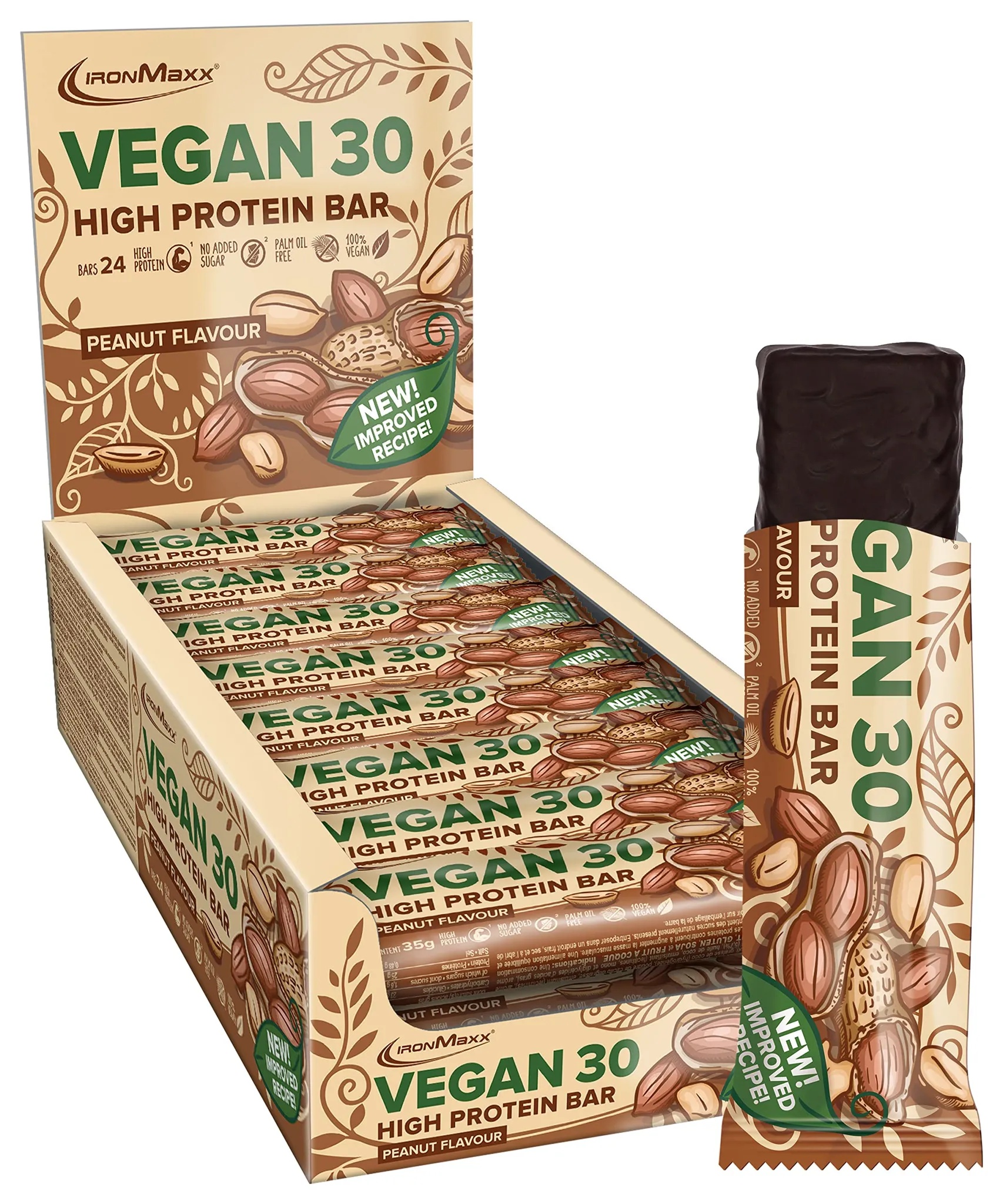 IronMaxx Vegan 30 Proteinriegel - Peanut Flavour 24 x 35g | Veganer High Protein Eiweißriegel zuckerarm, sojafrei und palmölfrei