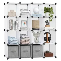 Songmics Schuhregal Kleiderschrank aus Kunststoff Regalsystem Aufbewahrungsregal mit 16 Fächern offenes Steckregal erweiterbar für Kleidung Spielzeug Tasche, weiß halbTransparent, LPC44L