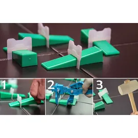 Kronen-Hansa-Werk GmbH & Co. KG Kronen Hansa Nivelliersystem für Fliesen (Verlegehilfe zum Fliesenlegen, Starter Set für 2 mm Fugenbreite, 100 Zuglaschen, 100 Keile, Zange, Flie...