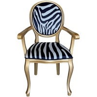 Casa Padrino Esszimmerstuhl Barock Esszimmer Stuhl Schwarz / Weiß / Gold - Handgefertigter Antik Stil Stuhl mit Armlehnen und Zebra Design - Esszimmer Möbel im Barockstil