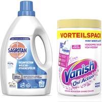 Sagrotan Wäsche-Hygienespüler Frisch, Waschmittel-Zusatz - 1,5 L & Vanish Oxi Action Powerweiss Pulver – 1,65 kg – Fleckenentferner und Wäsche-Booster Pulver ohne Chlor – Für weiße Wäsche