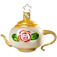 INGE-Glas Manufaktur Christbaumschmuck Teekanne 6,5cm - Glas Figur Mundgeblasen & Handbemalt Weihnachtsbaum Anhänger Weihnachten Christbaumanhänger Tee Kanne Weiß Gold
