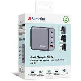 Verbatim GaN 100W, 1x USB-A, 3x USB-C PD, 3.0, QC 3.0 grau