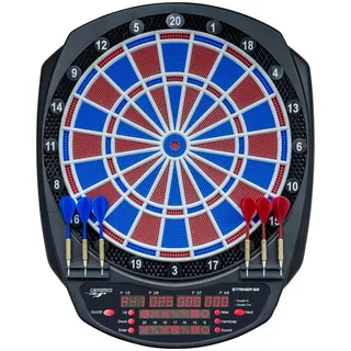 Carromco Elektronische Dartscheibe STRIKER-601 – Softdartautomat für 1–8 Spieler – 2-Loch-Abstand, rot-blau – inkl. Netzteil, Softdarts & 36 Spiele mit 585 Spielvarianten (u.a. Cricket)