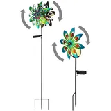 GLOBO Gartendeko Windrad LED Solarleuchte, Glaskugel, bunt Außenlampe Erdspieß, Metall kupferfarben, Bruchglas, warmweiß, 2er Set