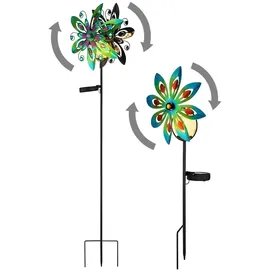 GLOBO Gartendeko Windrad LED Solarleuchte, Glaskugel, bunt Außenlampe Erdspieß, Metall kupferfarben, Bruchglas, warmweiß, 2er Set