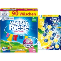 Weißer Riese Color Pulver (90 Waschladungen), Colorwaschmittel wirkt riesig stark gegen Flecken, Kalt-Aktiv schon ab 20° C + WC Frisch Kraft Aktiv Duftspüler Lemon (1x200g)