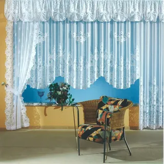 heimtexland Gardinen Jacquard Store mit Kräuselband weiß halb-transparent, Blumen Bordüre gebogt, Vorhang Typ1 - Querbehang gerafft H47 cm mit 7 Bögen für Fensterbreiten von 210-235 cm