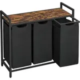 VASAGLE Wäschekorb 3 Fächer, Wäschesammler mit Ablage, Wäschebox, Wäschesack aus Oxford-Gewebe ausziehbar abnehmbar, Metallrahmen, 3 x 38 L, 92,5 x 33 cm, vintagebraun-schwarz BLH301B01