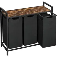 VASAGLE Wäschekorb 3 Fächer, Wäschesammler mit Ablage, Wäschebox, Wäschesack aus Oxford-Gewebe ausziehbar abnehmbar, Metallrahmen, 3 x 38 L, 92,5 x 33 cm, vintagebraun-schwarz BLH301B01