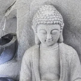 GLOBO Tischbrunnen mit Pumpe Springbrunnen mit Led Beleuchtung Buddha Design Zimmerbrunnen grau Dekoration, Lxbxh 21x18,5x25,5 cm