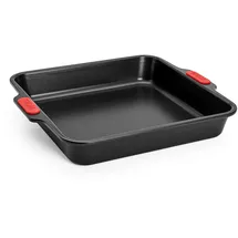 WOLL Bakeware Backform viereckig, 28 x 28 cm, mit hitzebeständigen Silikongriffen bis 230°C, PFAS-frei, zweilagige Antihaftbeschichtung, aluminisierter Stahl, schwarz