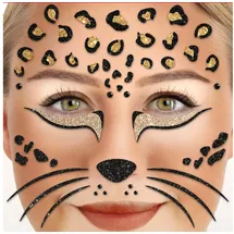 Party Factory Face Tattoo Leopard, temporäres Glitter Gesichtstattoo für Motto Party Factory Strass-Tattoo