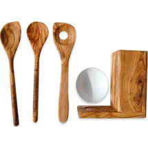 Olivenholz-erleben Kochlöffel-Set aus Olivenholz und Porzellan 5-tlg.
