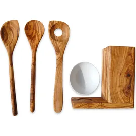Olivenholz-erleben Kochlöffel-Set aus Olivenholz und Porzellan 5-tlg.