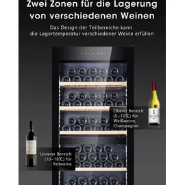 Kalamera Weinkühlschrank Upgrade, 84 Flaschen, 266 Liter, LED-Innenbeleuchtung Streifen, 2 Kühlzonen 5-10°C/10-18°C, KRC-266BFG