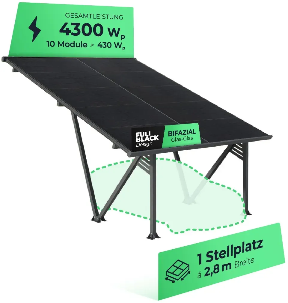 Solarway Single PKW Solar-Carport Gestell 4300 Watt - inkl. 10 Solarpanels und Regenrinne - Dach versiegelt