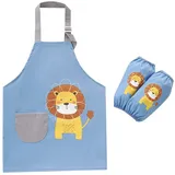 JZK Einstellbare wasserdichte Kinderschürze und Ärmelset, Blaue Kinderküchenschürze mit Tasche für Jungen zum Kochen, Backen, Malen, Gartenarbeit