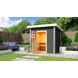 Woodfeeling Karibu Gartensauna Pultdach Saunahaus Norge terragrau Klassische Saunatür (Klarglas) 9 kW Ofen inkl. Steuergerät inkl. 8-teiligem gratis Zubehörpaket (Gesamtwert 191,92€)