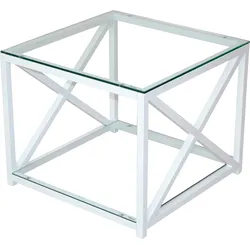 Beistelltisch HOME AFFAIRE, weiß, B:60cm H:50cm T:60cm, Eine ansprechende Bereicherung für das Wohnzimmer ist der dekorative Beistelltisch von Home affaire. Optisch zeichnet er sich durch eine schlichte Linienführung und die seitlichen Kreuzstreben aus. Das Gestell wird in hochwertiger Verarbeitung aus pulverbeschichtetem Metall gefertigt. Sowohl bei der Tischplatte als auch bei der unteren Ablage handelt es sich um Sicherheits-Klarglasplatten. Das Kleinmöbel kann ganz nach individuellen Anforderungen und räumlichen Gegebenheiten genutzt werden. Auch als geschmackvoller Blumentisch ist es bestens geeignet. Ein moderner Akzent: der dekorative Beistelltisch von Home affaire., Tische, mit 2 Sicherheits-Glasböden
