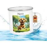 Druckerino Emaille Tasse für Kinder mit Namen personalisiert Geschenk personalisiert Namenstasse Tiere Geschenk mit Name Kinder Kindertasse mit Namen für den Kindergarten 300 ml (Welpe)